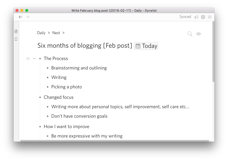 Dynalist app showing my blog post ideas